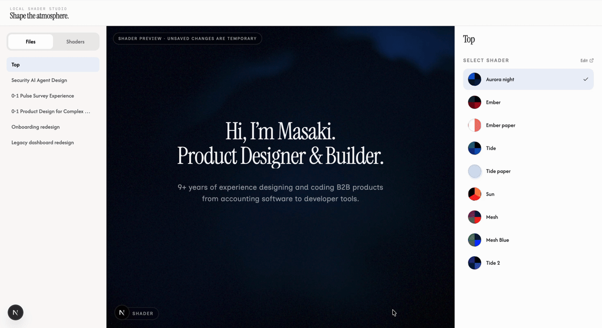 Shader Studio interface for editing and previewing portfolio shaders